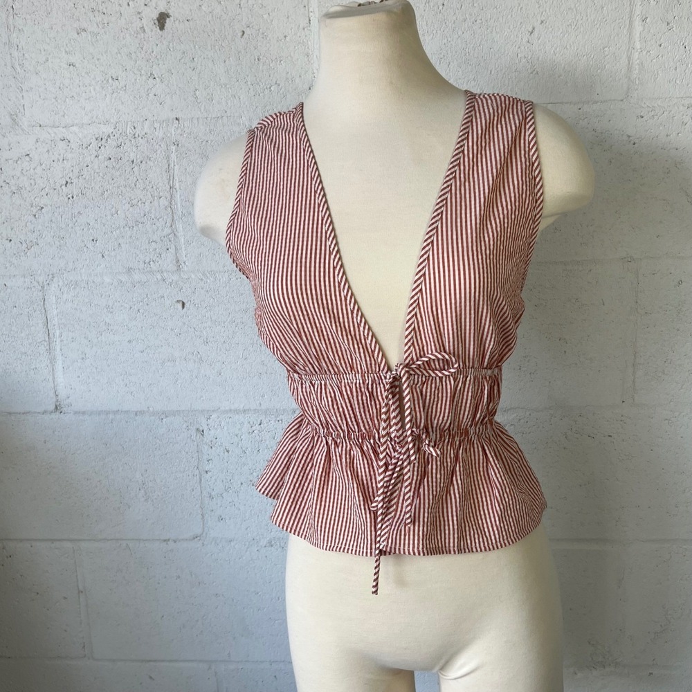 Striped Red Tie-Front Peplum Tank Top